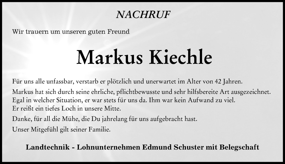  Traueranzeige für Markus Kiechle vom 06.05.2022 aus Augsburger Allgemeine, Illertisser Zeitung