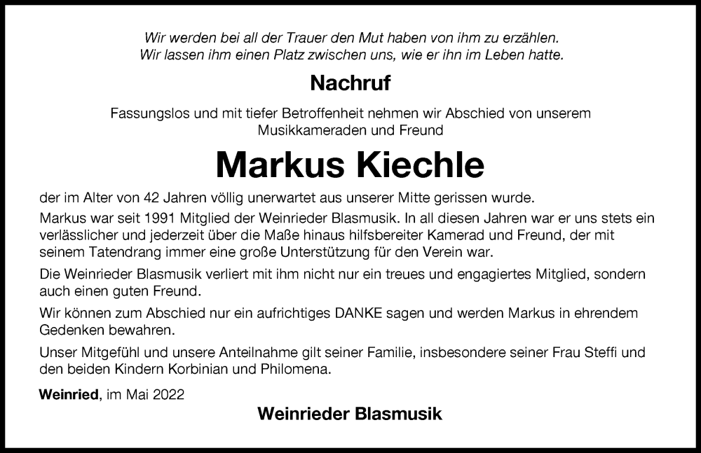  Traueranzeige für Markus Kiechle vom 06.05.2022 aus Illertisser Zeitung