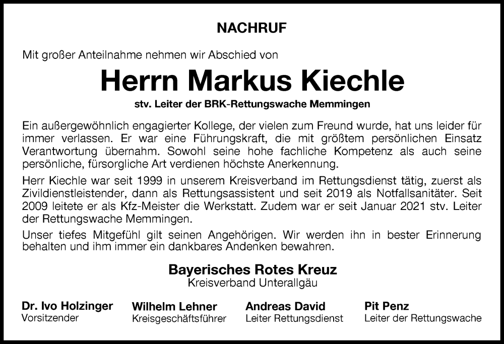  Traueranzeige für Markus Kiechle vom 05.05.2022 aus Augsburger Allgemeine, Illertisser Zeitung, Mindelheimer Zeitung