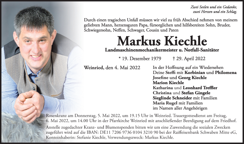  Traueranzeige für Markus Kiechle vom 04.05.2022 aus Augsburger Allgemeine, Illertisser Zeitung