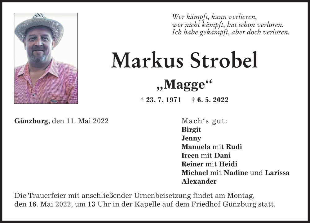  Traueranzeige für Markus Strobel vom 11.05.2022 aus Günzburger Zeitung