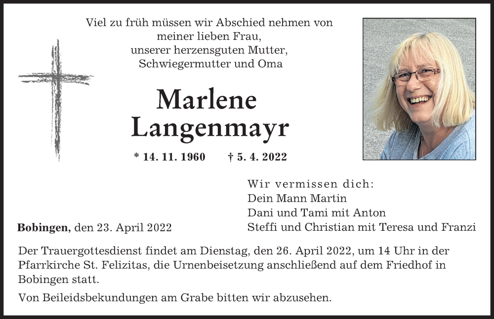  Traueranzeige für Marlene Langenmayr vom 23.04.2022 aus Augsburger Allgemeine