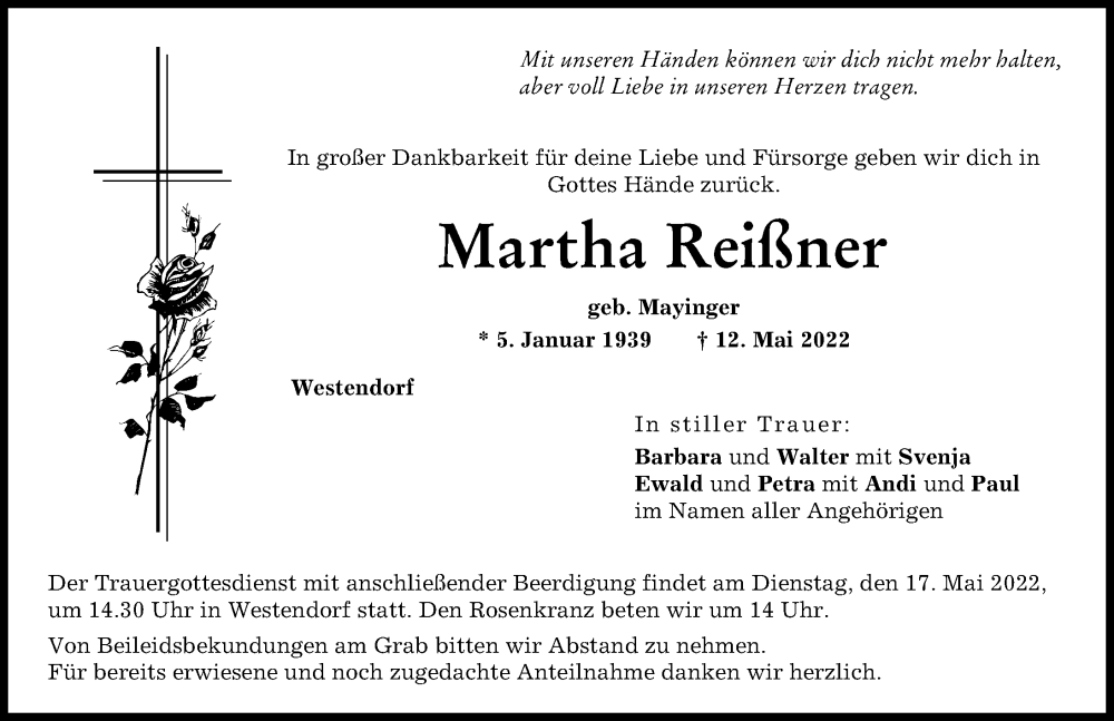  Traueranzeige für Martha Reißner vom 14.05.2022 aus Wertinger Zeitung, Augsburg-Land