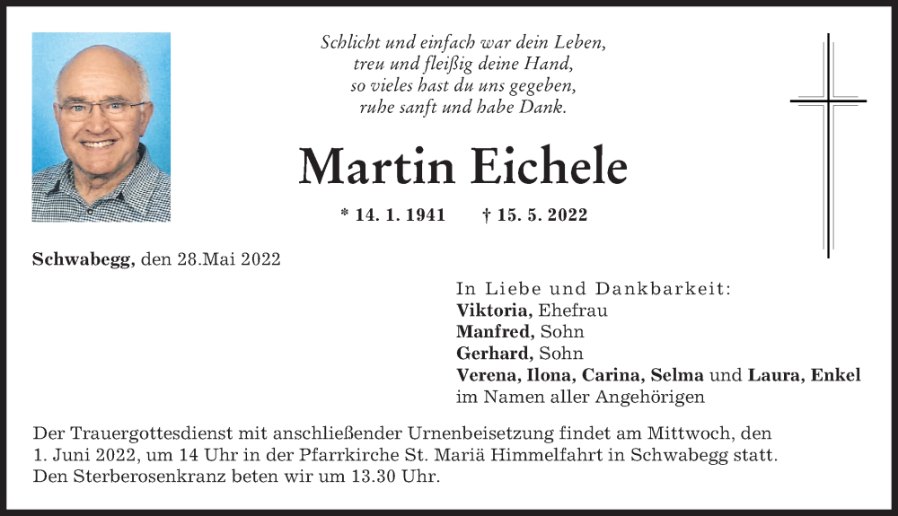 Traueranzeige von Martin Eichele von Mindelheimer Zeitung, Augsburg-Land, Schwabmünchner Allgemeine