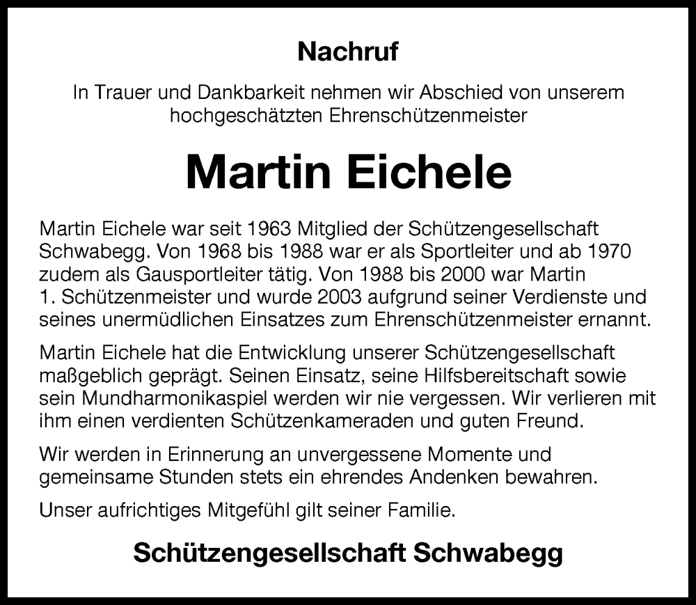 Traueranzeige von Martin Eichele von Schwabmünchner Allgemeine
