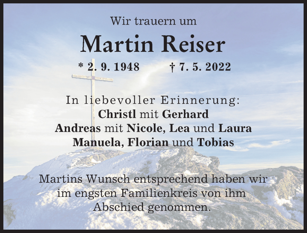  Traueranzeige für Martin Reiser vom 21.05.2022 aus Schwabmünchner Allgemeine