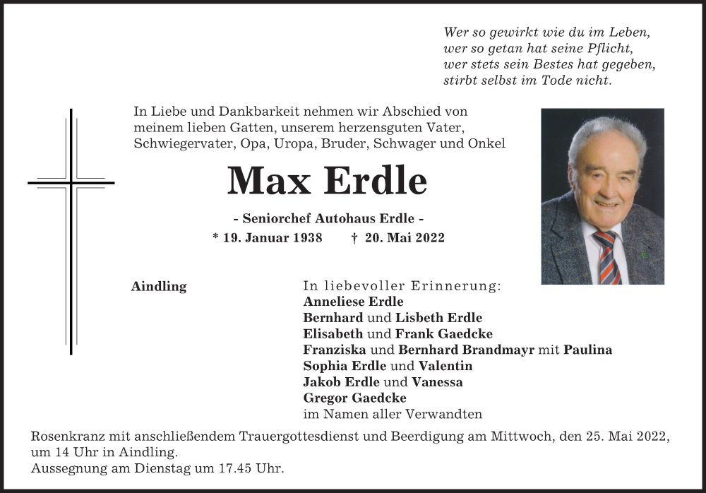  Traueranzeige für Max Erdle vom 21.05.2022 aus Aichacher Nachrichten