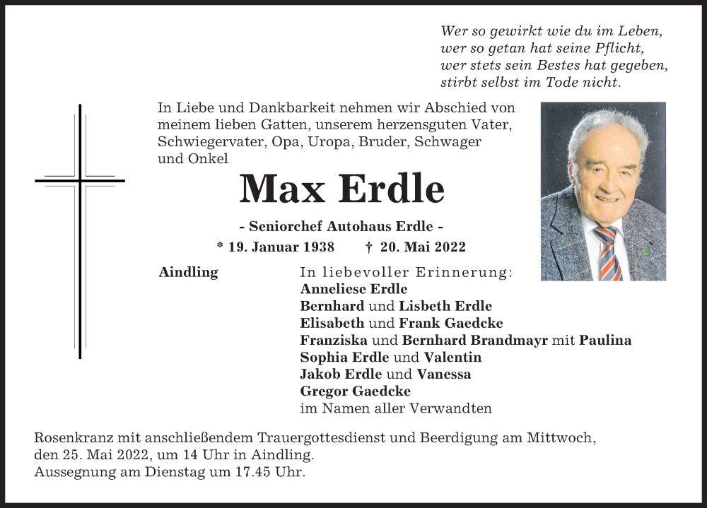 Traueranzeige für Max Erdle vom 21.05.2022 aus Augsburger Allgemeine