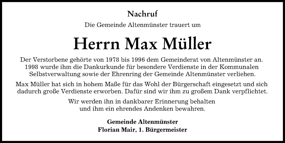 Traueranzeige von Max Müller von Augsburg-Land