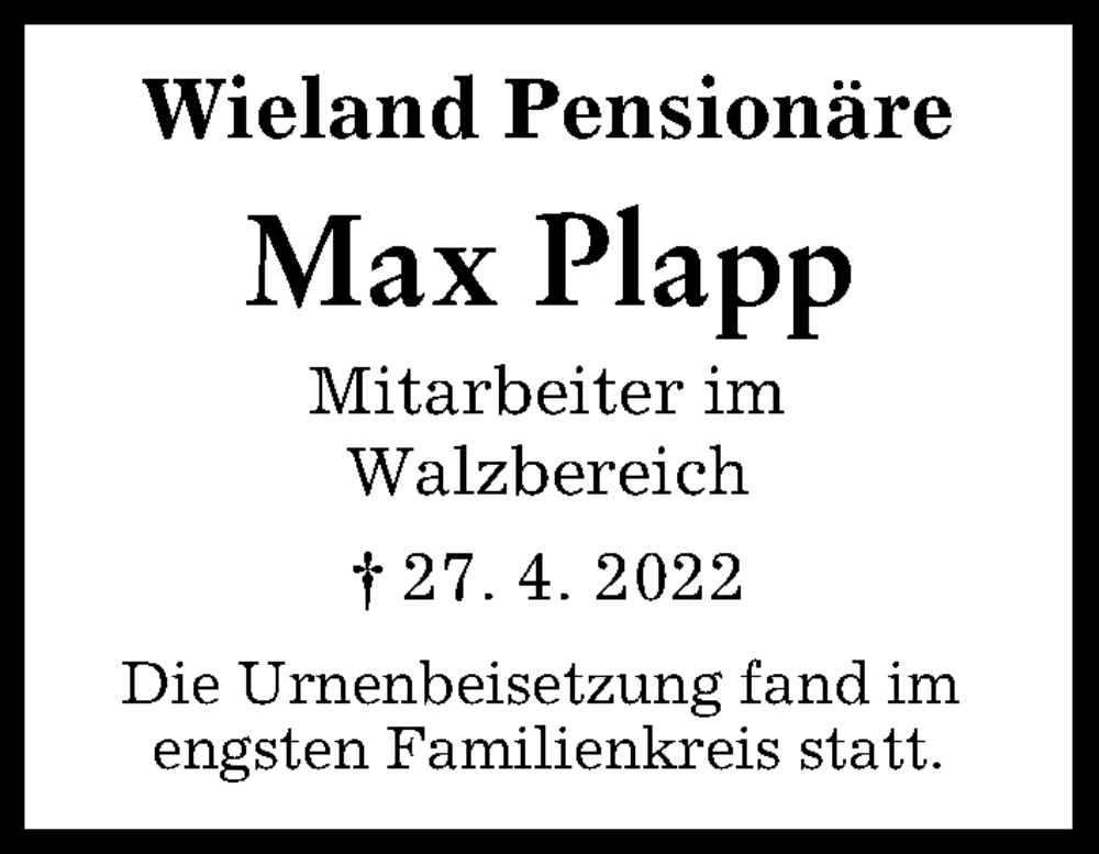 Traueranzeige von Max Plapp von Illertisser Zeitung, Neu-Ulmer Zeitung