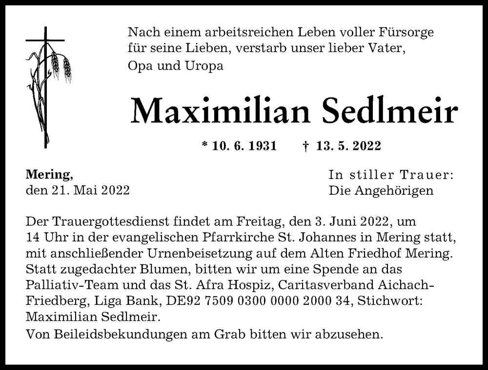 Traueranzeige von Maximilian Sedlmeir von Friedberger Allgemeine