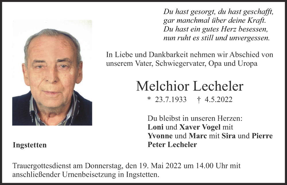 Traueranzeige von Melchior Lecheler von Neu-Ulmer Zeitung