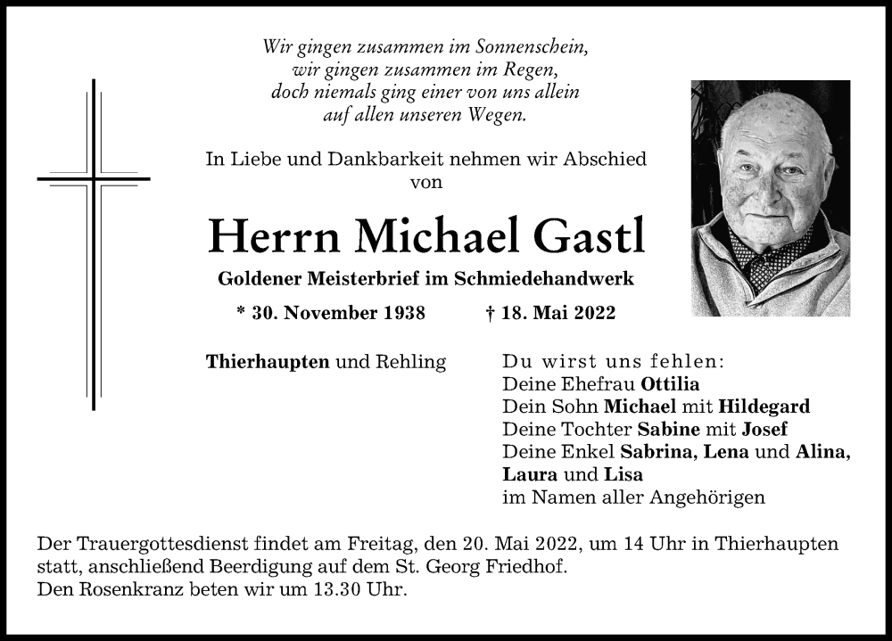  Traueranzeige für Michael Gastl vom 19.05.2022 aus Augsburg-Land