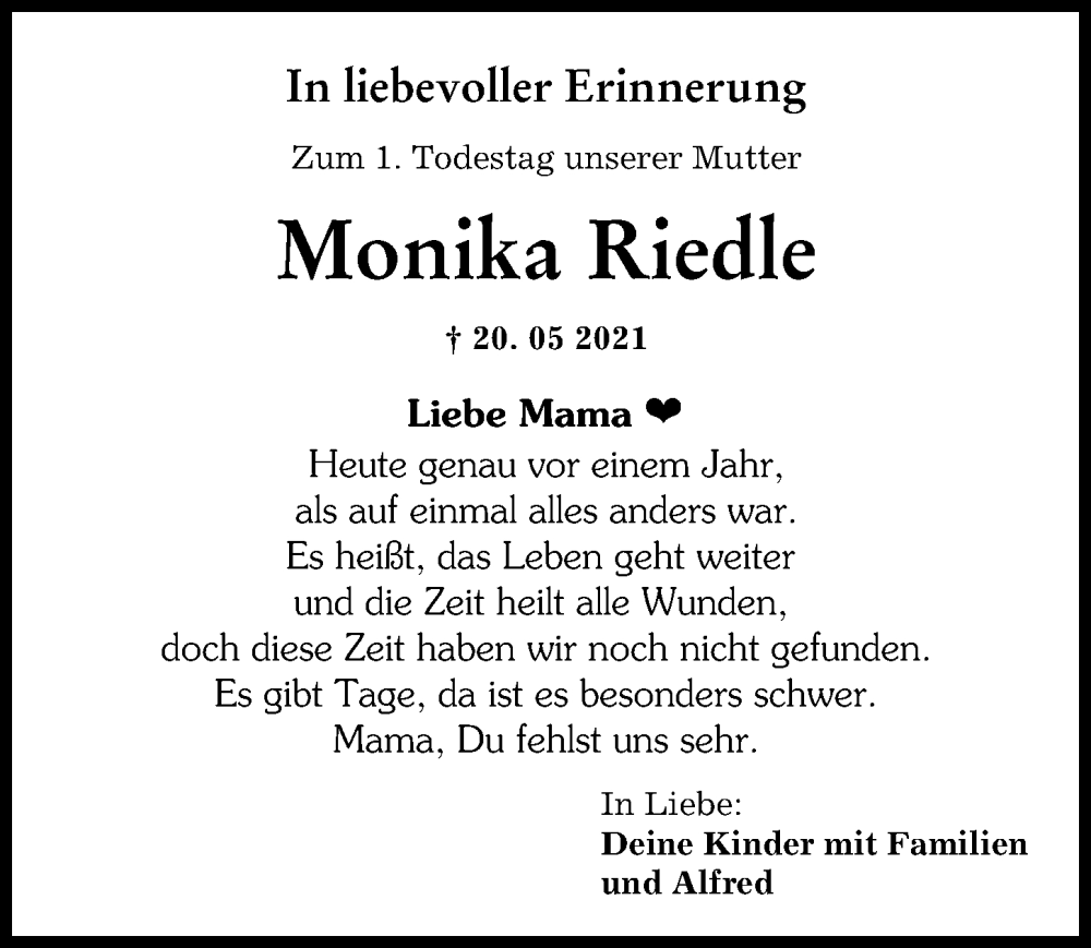 Traueranzeige von Monika Riedle von Mindelheimer Zeitung