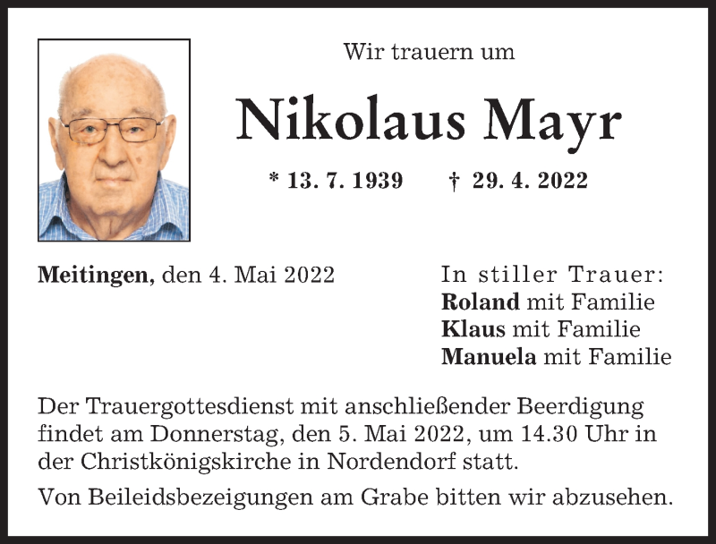 Traueranzeige von Nikolaus Mayr von Donauwörther Zeitung, Augsburg-Land