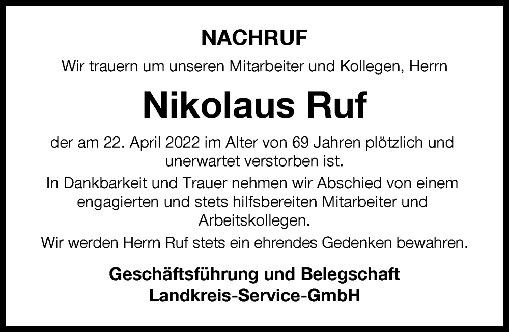 Traueranzeigen Von Nikolaus Ruf Augsburger Allgemeine Zeitung