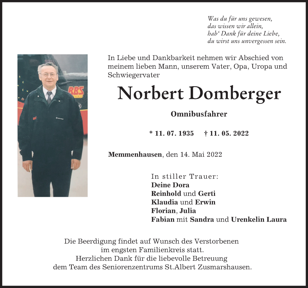 Traueranzeige von Norbert Domberger von Mittelschwäbische Nachrichten
