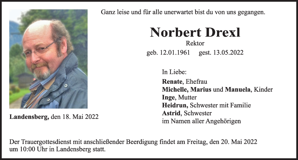  Traueranzeige für Norbert Drexl vom 18.05.2022 aus Günzburger Zeitung