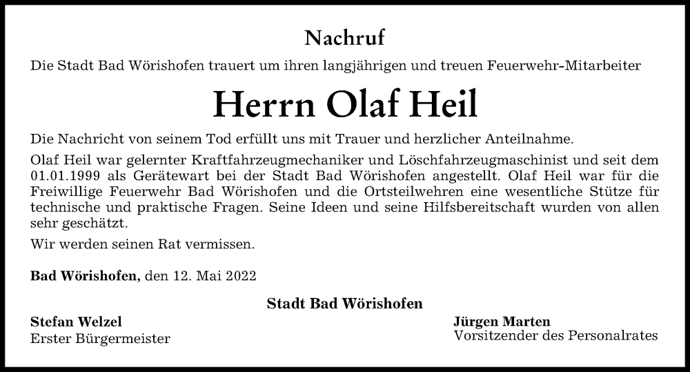  Traueranzeige für Olaf Heil vom 12.05.2022 aus Mindelheimer Zeitung