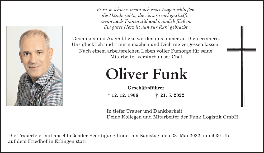  Traueranzeige für Oliver Funk vom 27.05.2022 aus Neu-Ulmer Zeitung, Augsburger Allgemeine