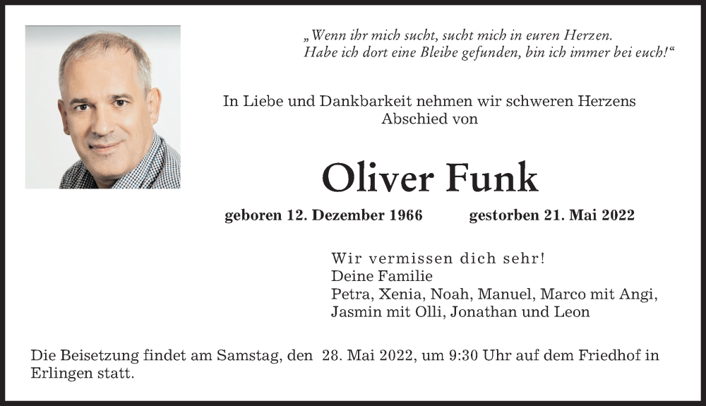  Traueranzeige für Oliver Funk vom 27.05.2022 aus Augsburger Allgemeine