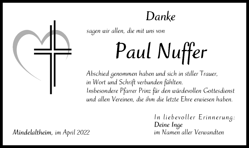  Traueranzeige für Paul Nuffer vom 23.04.2022 aus Günzburger Zeitung