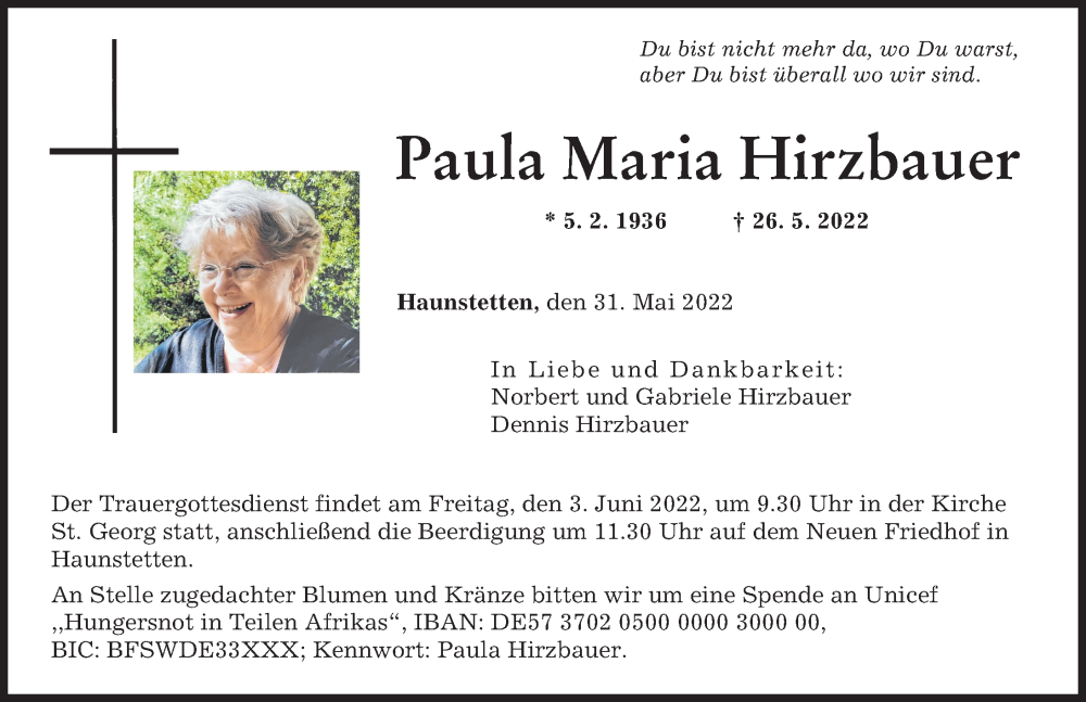 Traueranzeige von Paula Maria Hirzbauer von Augsburger Allgemeine