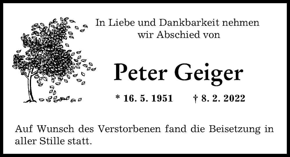 Traueranzeige von Peter Geiger von Augsburger Allgemeine