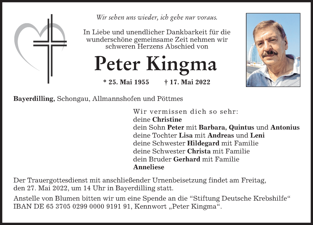 Traueranzeige von Peter Kingma von Donauwörther Zeitung