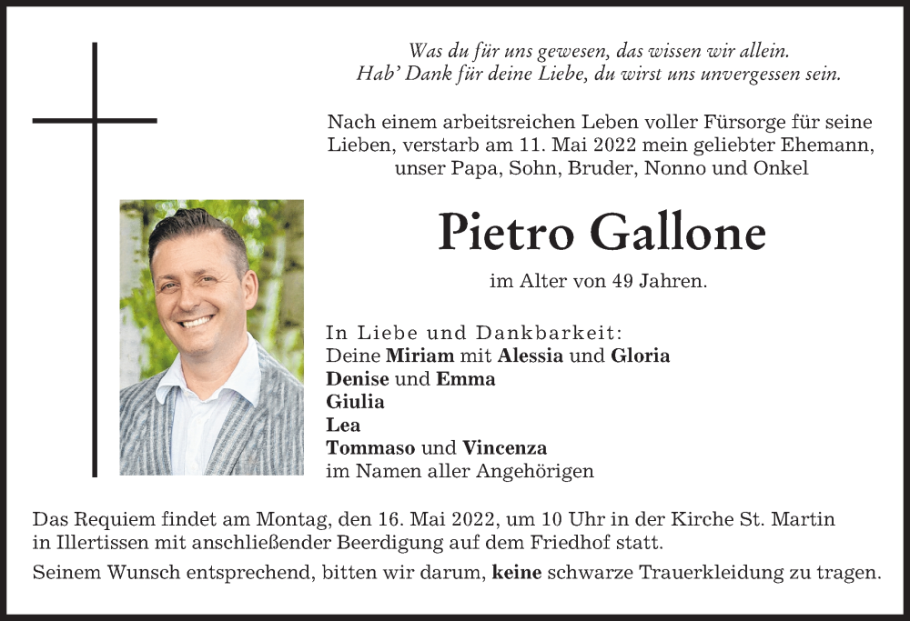  Traueranzeige für Pietro Gallone vom 13.05.2022 aus Illertisser Zeitung