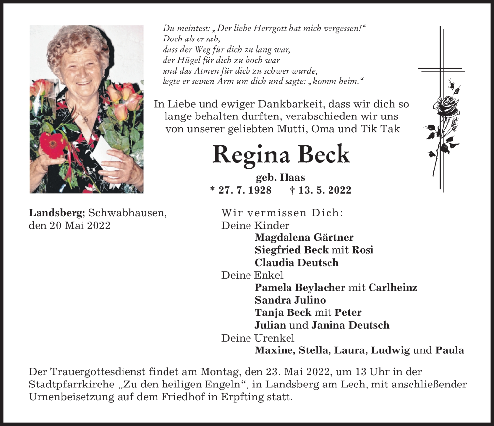Traueranzeigen von Regina Beck | Augsburger Allgemeine Zeitung