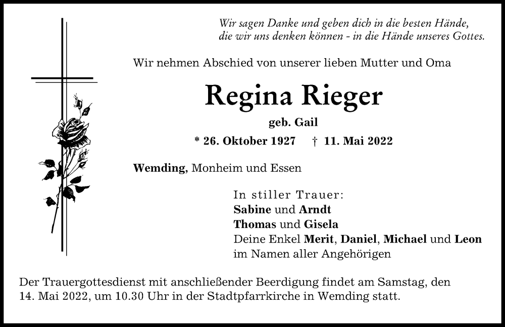  Traueranzeige für Regina Rieger vom 13.05.2022 aus Donauwörther Zeitung