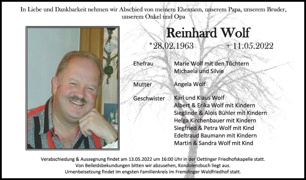 Traueranzeige von Reinhard Wolf von Rieser Nachrichten
