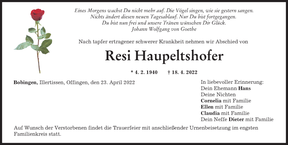 Traueranzeige von Resi Haupeltshofer von Illertisser Zeitung, Günzburger Zeitung, Augsburger Allgemeine