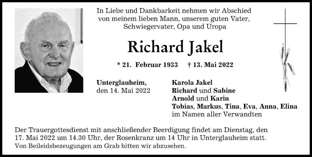  Traueranzeige für Richard Jakel vom 14.05.2022 aus Donau Zeitung