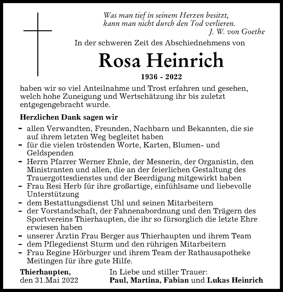  Traueranzeige für Rosa Heinrich vom 31.05.2022 aus Augsburg-Land