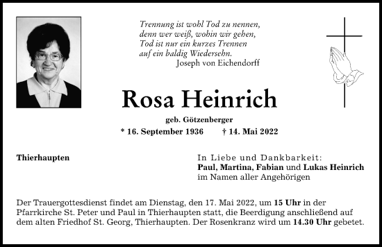 Traueranzeige von Rosa Heinrich von Augsburg-Land