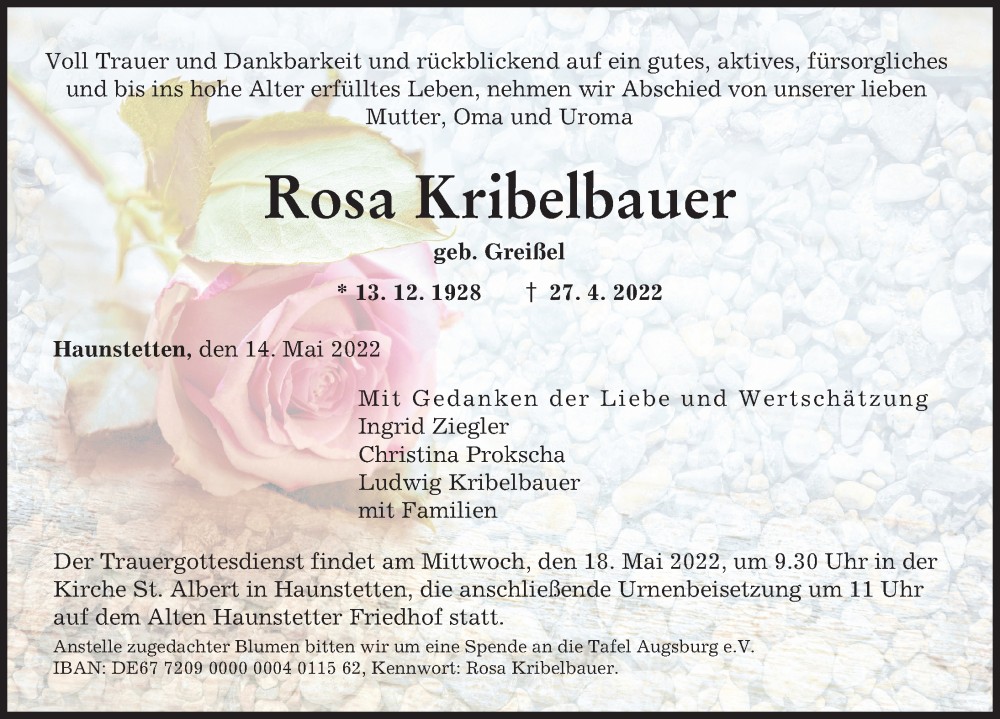 Traueranzeige für Rosa Kribelbauer vom 14.05.2022 aus Augsburger Allgemeine