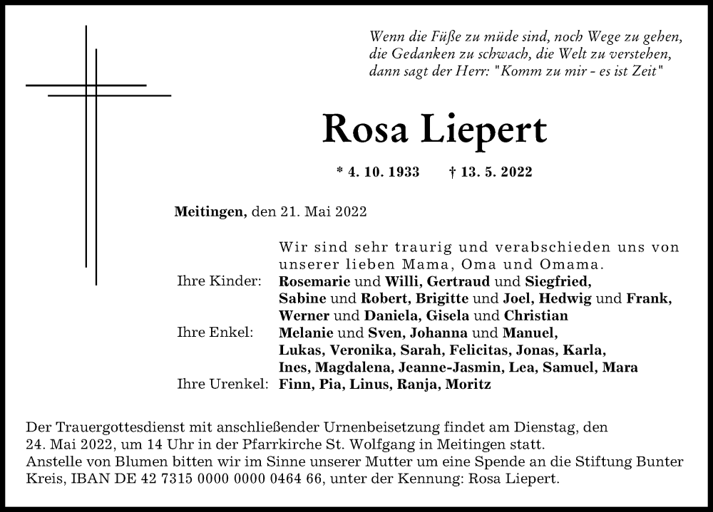 Traueranzeige von Rosa Liepert von Wertinger Zeitung, Augsburg-Land
