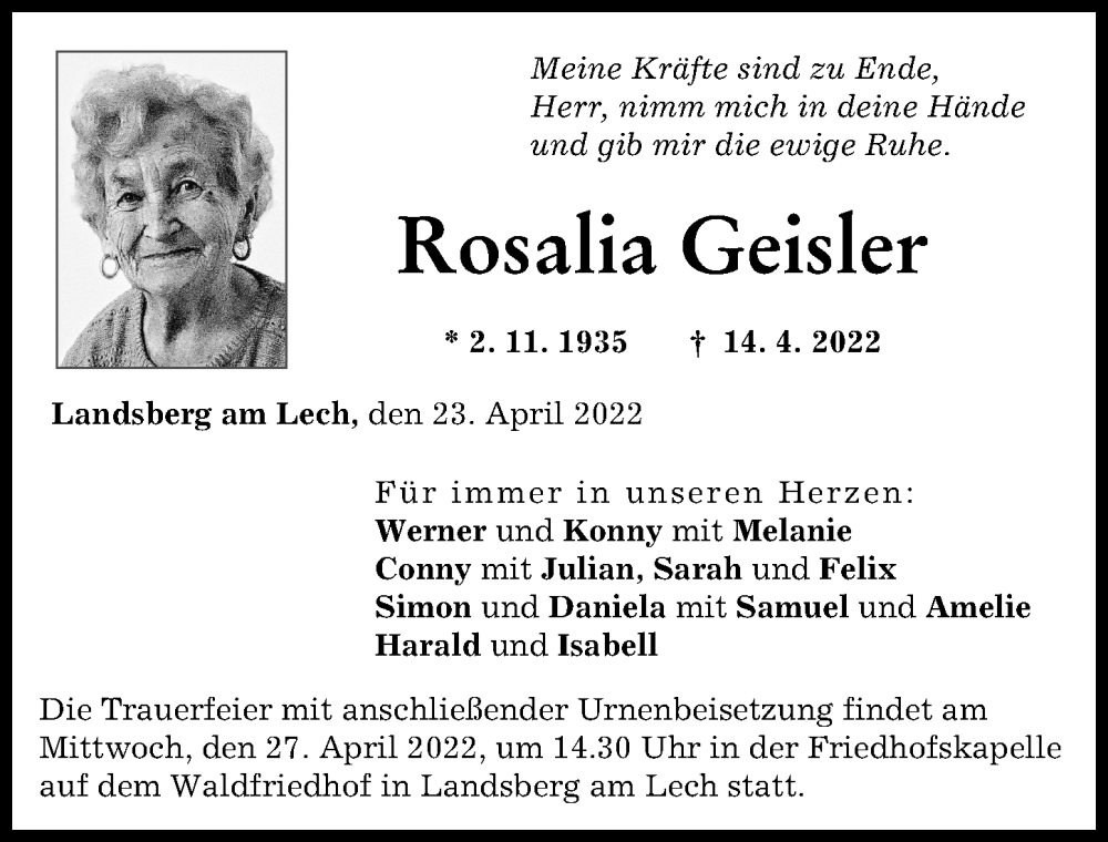 Traueranzeige von Rosalia Geisler von Landsberger Tagblatt