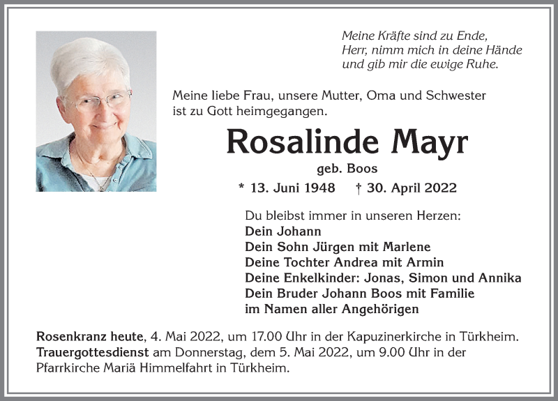 Traueranzeige von Rosalinde Mayr von Mindelheimer Zeitung