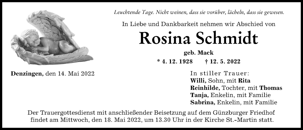  Traueranzeige für Rosina Schmidt vom 14.05.2022 aus Günzburger Zeitung
