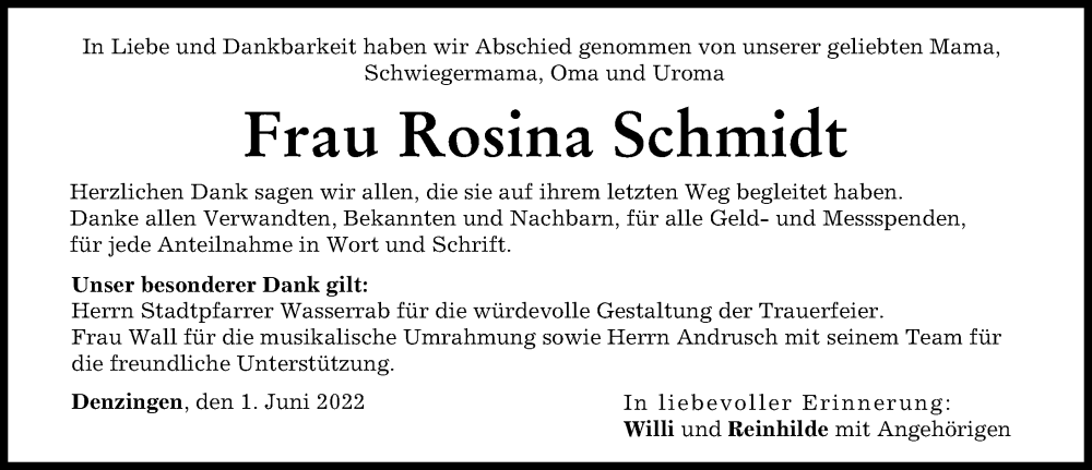 Traueranzeige von Rosina Schmidt von Günzburger Zeitung