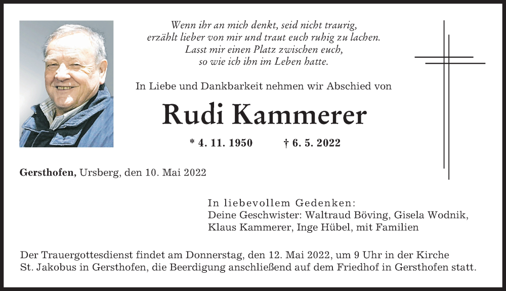 Traueranzeige von Rudi Kammerer von Augsburger Allgemeine