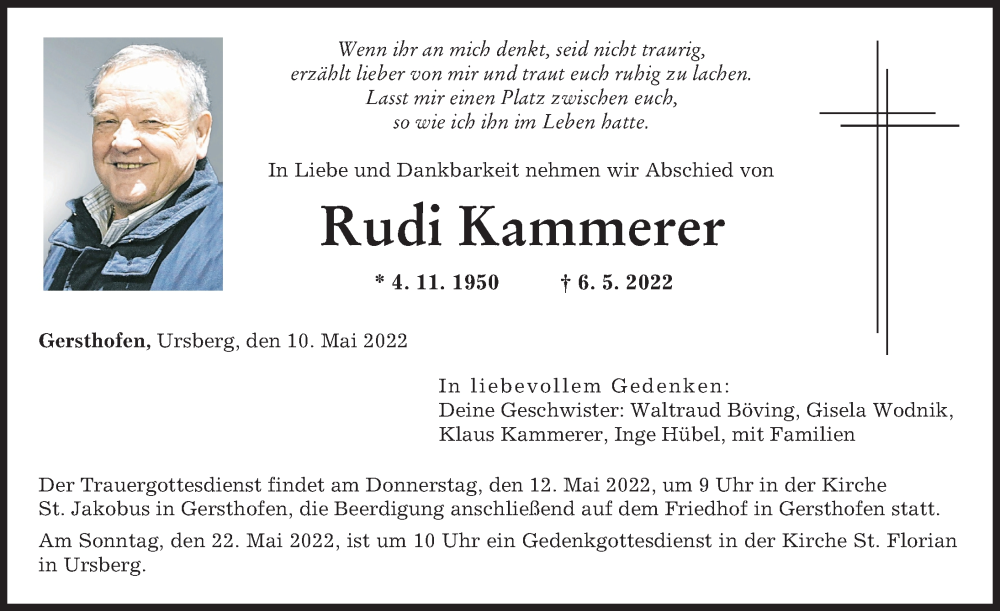 Traueranzeige von Rudi Kammerer von Mittelschwäbische Nachrichten