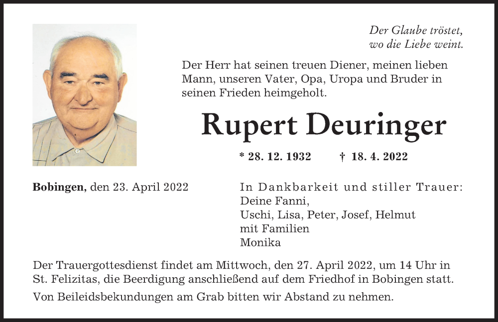 Traueranzeige von Rupert Deuringer von Augsburger Allgemeine