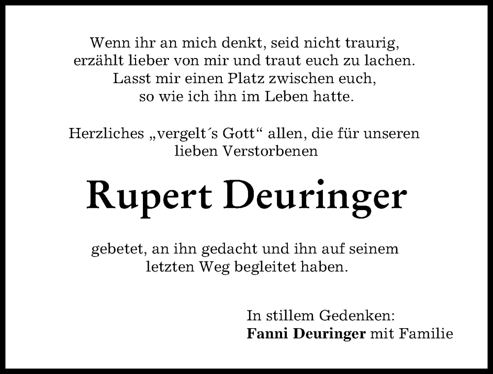 Traueranzeige von Rupert Deuringer von Schwabmünchner Allgemeine