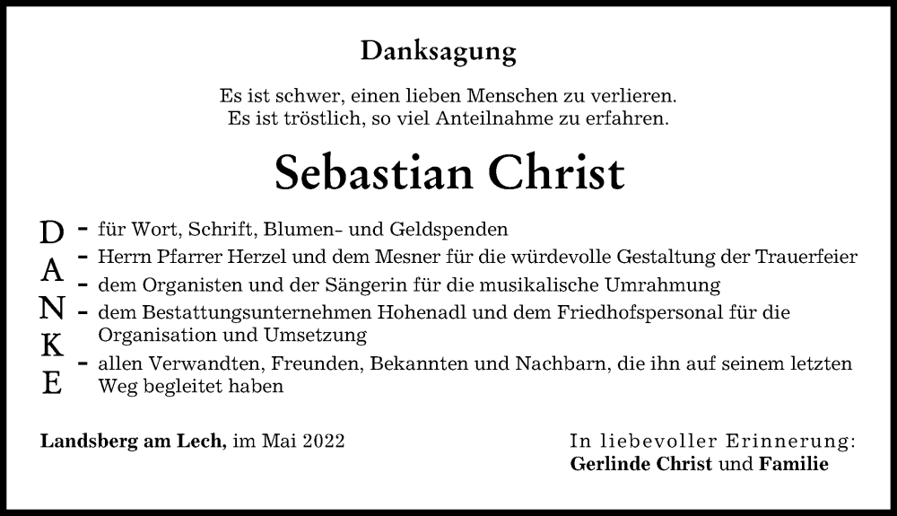 Traueranzeige von Sebastian Christ von Landsberger Tagblatt