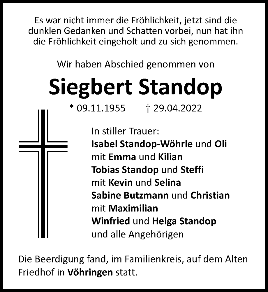  Traueranzeige für Siegbert Standop vom 07.05.2022 aus Illertisser Zeitung