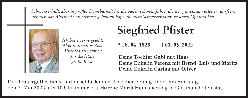 Traueranzeige von Siegfried Pfister von Augsburger Allgemeine